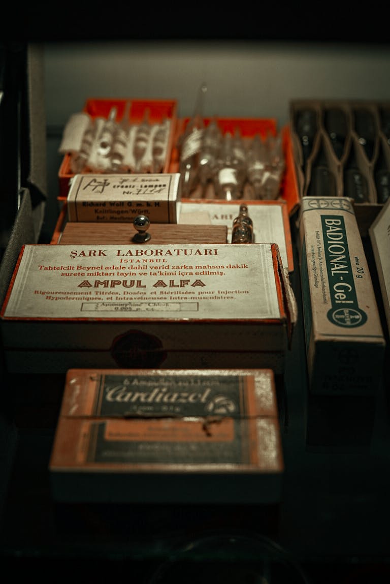 Collection of vintage Turkish medical supplies on display in a museum.