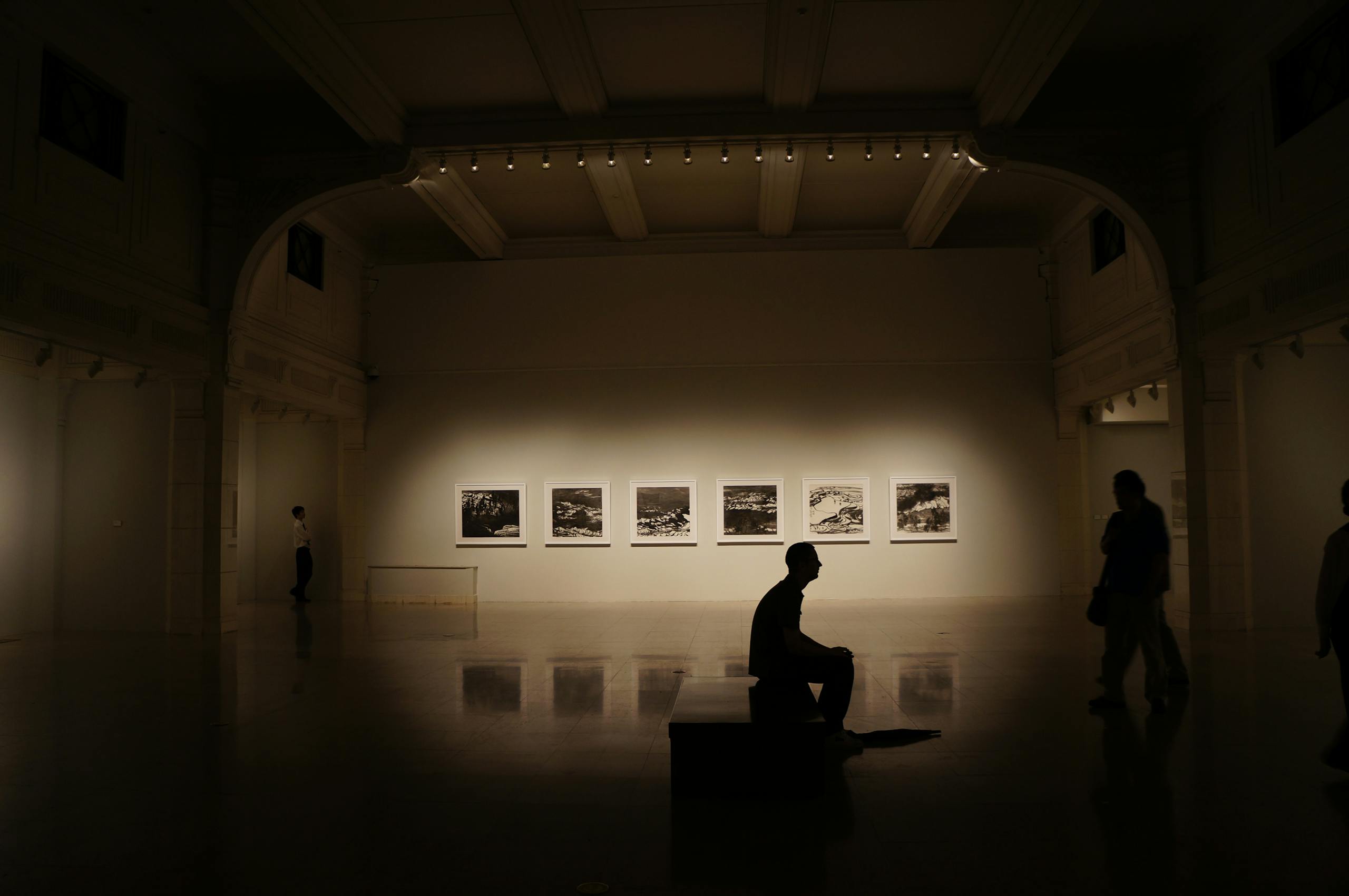 A dimly lit gallery showcasing silhouettes and framed photographs, creating a serene atmosphere.